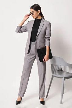 Shop for Soniya G Grey Suiting Notch Lapel Collar Blazer And Pant Set for Women Online at Aza Fashions Gray Pantsuit Women, Blazer Interview Outfit Women, Grey Suit For Women Outfit, Formal Suits For Women Business Professional, Light Grey Suit Women, Women's Formal Suit, Grey Blazer Outfit Work, Grey Blazer Women Outfit, Gray Suit Women