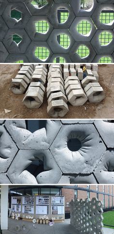 several different pictures of cement blocks with holes in the middle and on the outside, some are made to look like they'vegetative