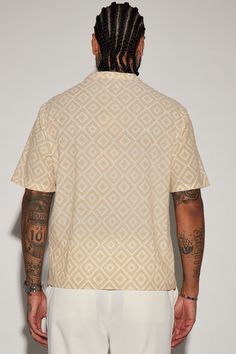 Available In Cream. Crew Neck Short Sleeve Flocked Texture 92% Polyester, 8% Spandex Imported | Mens Infinite Lives Geometric Short Sleeve Crew Tee Shirt in Cream size 3XL by Fashion Nova White Crew Neck Top With Geometric Pattern, Casual Collared Tops With Geometric Pattern, White Geometric Pattern Crew Neck Top, Casual Collared Top With Geometric Pattern, White Short Sleeve Tops With Geometric Pattern, Summer Crew Neck Top With Geometric Pattern, Summer Collared Top With Geometric Pattern, Casual V-neck Tops With Geometric Pattern, Cream Fashion