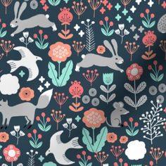 a pattern with rabbits and flowers on a dark blue background for wallpaper or fabric