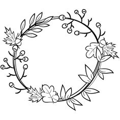 a circular frame with flowers and leaves around the edges is outlined in black on a white background