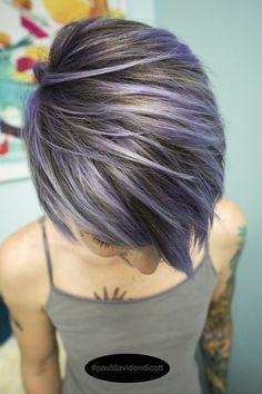 Purple Highlights Brown Hair Short Pixie, Purple Streaks In Grey Hair, Lavender Grey Highlights, Color Streaks In Gray Hair, Fashion Color Pixie Hair, Pixie Colored Hair Ideas, Gray Hair With Purple Highlights Over 50, Hair Color Ideas For Pixie Haircut, Short Hair Purple Highlights