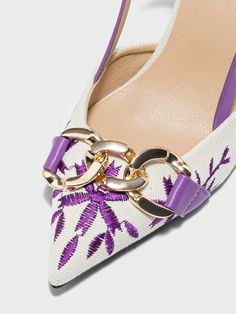 Elevate your party ensemble with these Stylish Embroidered Chain High Heel Sandals. Made with intricate embroidery and a chic chain detail, these sandals are the ultimate shoe for any summer event. With a comfortable high heel, you'll be able to dance the night away with ease. Color : Purple Style : Fashionable Toe : Point Toe Pattern Type : Plain, Plants Strap Type : Slingbacks Heels : Pyramid Heel Height : High Heel Size Fit : True To Size Upper Material : Fabric Lining Material : PU Leather Size US Ball Girth Foot Length Heel Height EUR36 US6 20.95 22.73 8.6 EUR37 US6.5 21.4 23.4 8.6 EUR38 US7 21.8 24.07 8.6 EUR39 US8 22.3 24.74 8.6 EUR40 US9 22.75 25.41 8.6 EUR41 US9.5 23.2 26.08 8.6 Spring Party Heels With Embroidery, Embroidered Heels For Summer Evenings, Embroidered Heels For Summer Formal Events, Embroidered Heels For Evening Events In Summer, Embroidered Heels For Evening, Summer Season, Elegant Summer Heels With Embroidery, Elegant Embroidered Summer Heels, Comfortable High Heels, Purple Style