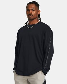 Heavyweight, soft cotton-blend fabric provides all-day comfort|Ribbed collar & cuffs Under Armour Long Sleeve Sweatshirt For Streetwear, Under Armour Long Sleeve Athleisure Tops, Under Armour Casual Tops For Fall, Casual Under Armour Tops For Fall, Under Armour Long Sleeve Winter Tops, Shoes Outlet, Under Armour Men, Collar And Cuff, Under Armour