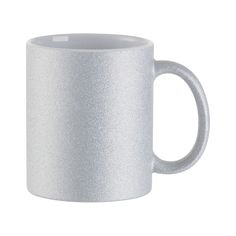 a white coffee mug is shown on a white background and has a silver rim around it