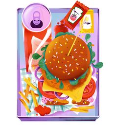 a painting of a hamburger and fries on a tray