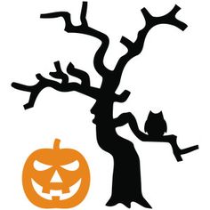 a black and orange halloween tree with a cat sitting on it's branch next to a jack o lantern