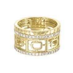 Inspired by classical designs, this impressive 14K yellow gold ring features delicately crafted openwork rectangles, adjoined by eternity bands set with diamonds. Captured in glossy gold, its harmonious measure adds to its coveted allure. Stop by your nearest IDC to marvel at the magnificent array of diamond fashion jewelry! Elegant Gold Square Cut Ring, Elegant Gold Rectangular Diamond Ring, Elegant Rectangular Yellow Gold Diamond Ring, Elegant Gold Stackable Rectangular Rings, Elegant Gold Rectangular Stackable Rings, Elegant Yellow Gold Square Cut Diamond Ring, Elegant Square Cut Yellow Gold Diamond Ring, Elegant Gold Diamond Ring With Square Cut, Luxury Gold Diamond Ring With Rectangular Shape