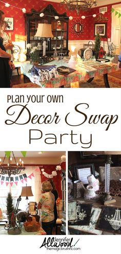 a group of people standing around a table with pictures on it and the words plan your own dear swap party