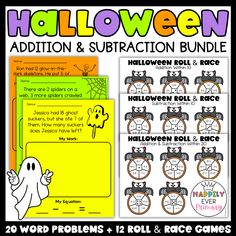 halloween addition and subtraction bundle for kids to practice numbers, word problems, and more