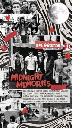 the poster for midnight memories is shown in black and white, with red hearts on it