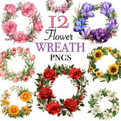 twelve flower wreaths with flowers and leaves