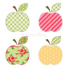 four apples with different patterns and designs on the top one is red, green, yellow and pink