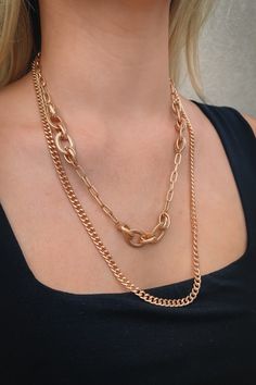 The Everyday Duo Necklace is a double layered necklace, featuring a gold chain and a gold chain link finished with an adjustable link and clasp closure. Luxury Double Chain Metal Jewelry, Cheap Double Chain Gold Necklace, Cheap Double Chain Pendant Jewelry, Affordable Double Chain Pendant Jewelry, Cheap Metal Necklace With Double Chain, Cheap Double Chain Link Jewelry, Luxury Metal Double Chain Necklace, Luxury Metal Necklace With Double Chain, Cheap Metal Double Chain Necklaces