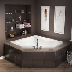 a bathroom with a large jacuzzi tub in the corner and shelves on the wall