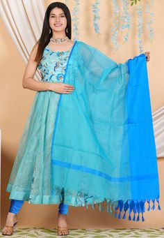 Pure Kota Tissue Anarkali Kameez in Pastel Blue Color. This Readymade Round Neck and Sleeveless attire with Shantoon Lining is Enhanced with Resham and Zari Work. Available with a Shantoon Churidar in Royal Blue and a Kota Doriya Dupatta in Shaded Blue. The Kameez and Bottom Lengths are 50 and 52 inches respectively. Do note: 1.)Accessories shown in the image are for presentation purposes only and length may vary upto 2 inches. 2.)Slight variation in actual color vs. image is possible. We sell a Tissue Anarkali, Pakistani Sharara Suit, Party Wear Dresses Indian, Indian Party Wear Dresses, Pakistani Sharara, Wedding Outfits Indian, Suits Indian, Vs Image, Pastel Blue Color