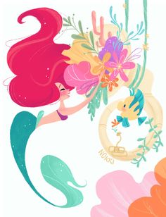 the little mermaid is holding a bouquet of flowers