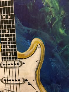 an abstract painting of a white electric guitar with yellow frets and black dots on it