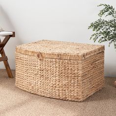 a wicker storage box sitting on the floor next to a chair and potted plant