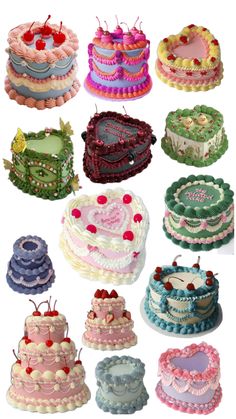 many different types of cakes are arranged together