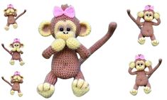 there is a crocheted monkey with pink bow on it's head and hands