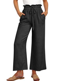 PRICES MAY VARY. Casual Linen Pants - US SIZE: S=US(4-6), M=US(8-10), L=US(12-14), XL=US(16-18), XXL=US(20-22), our palazzo pants feature a drawstring, elastic high waist, and relaxed style to flatter all body types. Occasion - This wide leg capri trousers suit for vacation, beach, travel, work, outdoor activity, home and lounge wear. They are so light weight,flowy,comy and stylish looking for any occasion. Featurs - Linen material, slouchy style, elastic draswtring hig wasited, 2 Side deep pock Black Drawstring Wide Leg Pants For Summer, Non-stretch High Waist Wide Leg Pants With Drawstring, Casual Black Bottoms With Tie Waist, Casual Black Tie Waist Bottoms, Womens Flowy Pants, Womens Linen Pants, Women Pants Size Chart, Summer Linen Pants, Casual Linen Pants