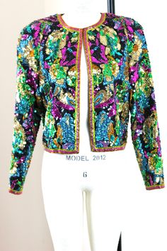 "Stunning Jacket in Excellent condition!! This one is such a beauty and the colors are magical!! oh you will sparkle!! Excellent condition! Measuring: 16.5\" length Width: 38\" Sleeves: 23\" Pet Free/smoke free Enjoy!" Beaded Bolero, Colorful Jacket, Wedding Shrug, Shrugs And Boleros, Cotton Dress Summer, Sequin Jacket, Check Dress, Sequin Beading, Summer Cotton