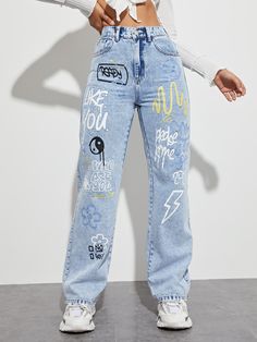 Light Wash    Denim Floral,Slogan Straight Leg Embellished Non-Stretch  Women Denim Painted Clothes Diy, Shein Icon, Custom Jeans, Painted Jeans, Cute Pants, Outfit Jeans, Jeans Diy, Cute Jeans, Printed Jeans