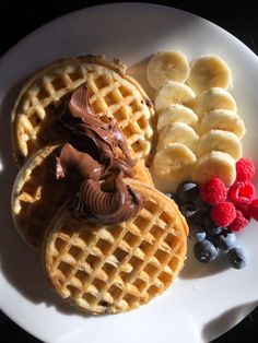 waffles, fruit and chocolate on a white plate