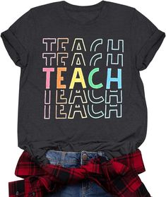 PRICES MAY VARY. Our teacher shirts for women are made of a cotton blend, soft, comfortable, breathable, and stretchy. They are cute and make a great statement for any teacher. Feature: Teacher tshirts, kindergarten prek teacher shirts, cute teacher letter graphic tshirt, funny back to school t shirts, preschool teacher first day of school tees, first grade holiday teacher appreciation shirts gift top. Occasion: This teacher t shirts for women are suitable for any holiday celebrations, including Personalized Teacher Shirts, Teacher Tshirts Svg, Cotton Stretch T-shirt With Text Print, Stretch Graphic Tee With Letter Print, Stretch Cotton T-shirt With Funny Text, Cotton Stretch T-shirt With Funny Text, Stretch Cotton Shirt With Letter Print, First Grade Teacher Shirts, Teacher T-shirts