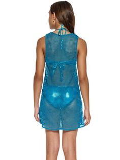 Stretch Beachwear Mini Dress For Beach Season, Stretch Mini Dress As Beach Cover-up, Stretch Mini Dress For Poolside, Fitted Blue Cover-up For Beach Party, Turquoise Sleeveless Mini Dress For The Beach, Turquoise Sleeveless Beach Mini Dress, Turquoise Sleeveless Mini Dress For Beach, Sleeveless Turquoise Mini Dress For Beach, Turquoise Mini Dress For Summer Party