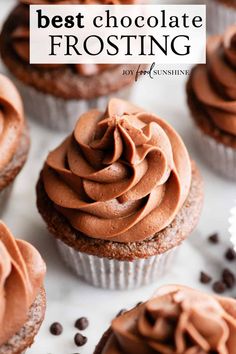 chocolate frosted cupcakes with text overlay that says best chocolate frosting