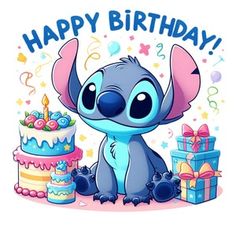 a happy birthday card with an image of stitchy