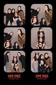 four different pictures of people posing for a photo booth with headscarves and hoods