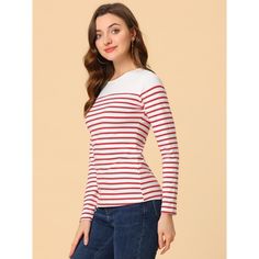 This contrast stripe T-shirt is a classic style for daily life. This piece is contrasted with a color block to fulfill your style statement from a boring all-over stripe top. It's cut from soft fabric that makes you feel comfortable day to night. These casual striped t-shirts match jeans, pants, skirts, or leggings freely, and they are perfect for daily wearing. Striped Cotton Tops With Contrast Color, Cotton Striped Top With Contrast Color, Spring Striped Color Block T-shirt, Striped Color Block Cotton Tops, Red Casual Top With Contrast Color, Red Contrast Color Top For Spring, Striped Color Block Cotton T-shirt, Casual Red Top With Contrast Color, Casual Striped Top With Contrast Colors