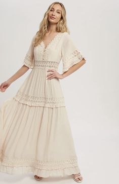 Size: Large Chic V-neck Maxi Dress With Lace Trim, Flowy V-neck Midi Dress With Lace Trim, Bohemian V-neck Dress With Scalloped Lace, Bohemian V-neck Dress With Crochet Trim, V-neck Vacation Dress With Lace Sleeves, Elegant Flowy V-neck Lace Dress, Feminine V-neck Delicate Lace Dress, V-neck Maxi Dress With Lace Trim, Chic V-neck Dress With Delicate Lace