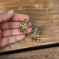 Ganesha Golden Bead Temple Stud Earrings. American Diamond Necklaces, Oxidized Necklace, Polki Necklace, Western Earrings, Ethnic Necklaces, Ethnic Earrings, Kundan Necklaces, American Diamond, Acrylic Earrings