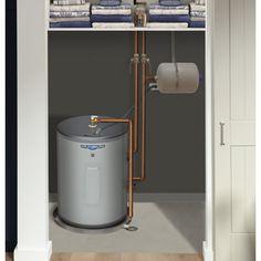 a water heater in the corner of a closet