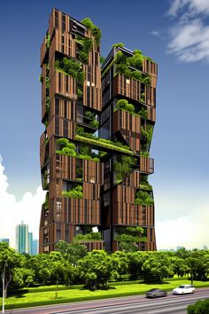 a very tall building with lots of green plants on the top and bottom floors, surrounded by trees