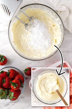 a bowl filled with white frosting and strawberries next to another bowl full of whipped cream