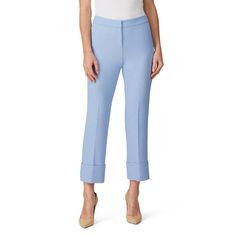 Blue crepe (69% Polyester, 28% Viscose, 3% Elastane). Pants. Front zipper with hook-and-eye closure. Pockets. 27" Inseam, 11" Rise. 38" from waist to hemline. Imported. Spring Tailored Pants With Button Cuffs, Tailored Pants With Button Cuffs For Spring, Chic Blue Bottoms With Straight Hem, Blue Straight Hem Pants For Office, Spring Office Bottoms With Straight Hem, Fitted Pants With Button Cuffs For Spring, Fitted Bottoms With Button Cuffs For Spring, Blue Dress Pants For Spring, Rent The Runway