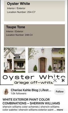 an advertisement for a house with white paint and brown trim on the front door, windows,