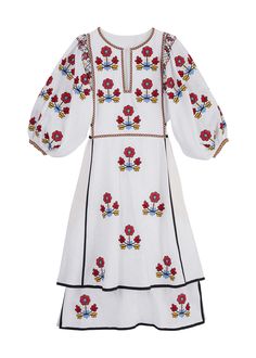 Iryna Embroidered Ukrainian Dress - White, Red, Yellow, Blue by Larkin Lane With its feminine shape, exquisite embroidery, and couture details, the Iryna dress from Ukraine is a "one decision" outfit that speaks volumes about your style. The beauty of this textile tradition takes center-stage and can be paired with simple accessories, wedges, boots, or sandals. Embroidery is a fundamental part of the Ukrainian folk art tradition dating back to the 5th century. Larkin Lane partners directly with Folk Style Dresses With Resham Embroidery, Folk Dresses With Multicolor Resham Embroidery, Folk Style Dresses With Intricate Multicolor Embroidery, Fitted Folk Dress With Resham Embroidery, Traditional Red Embroidered Spring Dress, Traditional Red Embroidered Dress For Spring, Red Folk Embroidered Dress With Floral Design, Red Folk Style Dress With Embroidered Hem, Red Folk Style Dress With Floral Embroidery