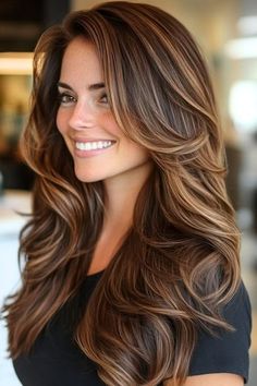 Save this pin for the best brunette hair colors for fall. These thick waves blend rich chocolate brown with warm caramel highlights for a stunning fall look. The dimensional shade adds striking depth to long, flowing locks. Fall Caramel Hair Color, Brown Shades Color Hair, Dark Hair With Brunette Highlights, All Over Hair Color Brunette Fall, Brunette Copper Blonde Balayage, Mocha With Highlights, Caramel Highlights With Dark Brown Hair, Medium Brown Hair With Golden Highlights, Brown With Gold Highlights