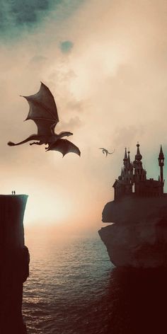 a dragon flying over the ocean next to a castle