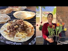 a woman holding a pot filled with food on top of a grill next to other foods