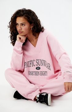 The Pacific Sunwear 1980 LA V-Neck Sweatshirt from PacSun offers a cozy and stylish look. Featuring a v-neckline, long sleeves, ribbed trimming, Pacific Sunwear Ninety Eighty front and wrist embroidery, and an oversized fit, this sweatshirt is perfect for casual, laid-back days.Solid color sweatshirtSoft fleece liningV-necklineLong sleevesDropped shouldersRibbed trimmingFront embroideryOversized fitModel is wearing a size XS/S60% cotton, 40% polyesterMachine washableModel measurements: 5’5” height, 31” bust, 23” waist, 36” hips PacSun Womens Pacific Sunwear 1980 LA V-Neck Sweatshirt - Pink size M/L Relaxed Fit V-neck Sweatshirt With Ribbed Cuffs, Oversized V-neck Sweatshirt, Oversized V-neck Sporty Sweatshirt, Oversized V-neck Top With Letter Print, V-neck Sweatshirt With Ribbed Cuffs For Loungewear, Sporty Long Sleeve V-neck Sweater For Fall, Spring V-neck Sweatshirt For Loungewear, Trendy V-neck Sweatshirt For Loungewear, Sporty V-neck Sweatshirt For Fall