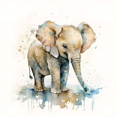 an elephant painted in watercolor on a white background