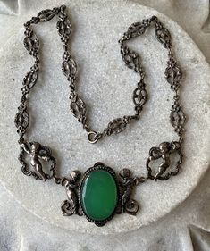 Beautiful Art Nouveau Italian Peruzzi Ornate Sterling Silver Green Chrysoprase Cherub Angele Motif Vintage Antique Necklace Vintage Silver Jewelry Antiques, Ornate Jewelry, Czech Jewelry, Antique Rings Vintage, Art Nouveau Necklaces, Antique Silver Jewelry, Vintage Jewelry Crafts, Usa Jewelry, Goth Jewelry