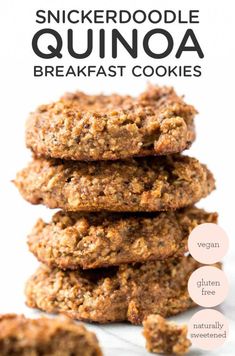 three cookies stacked on top of each other with the words, quick and easy to make quinoa breakfast cookies